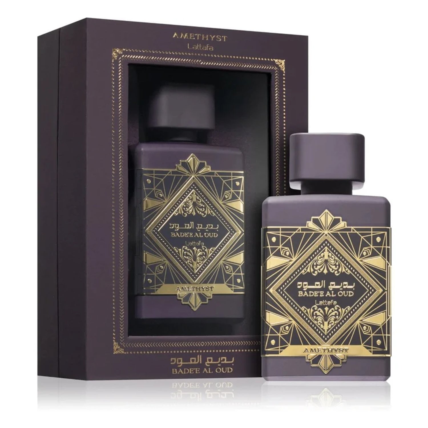 Bade’e Al Oud Amethyst 100ml edp by Lattafa box and bottle outside view
