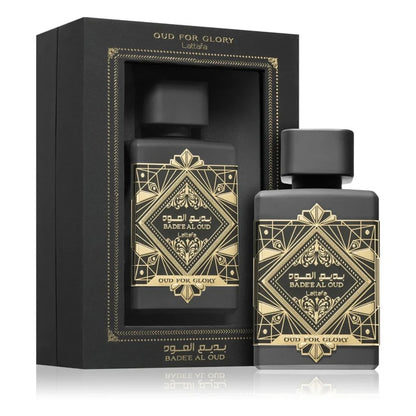 Lattafa Badee Al Oud Oud for Glory bottle and box