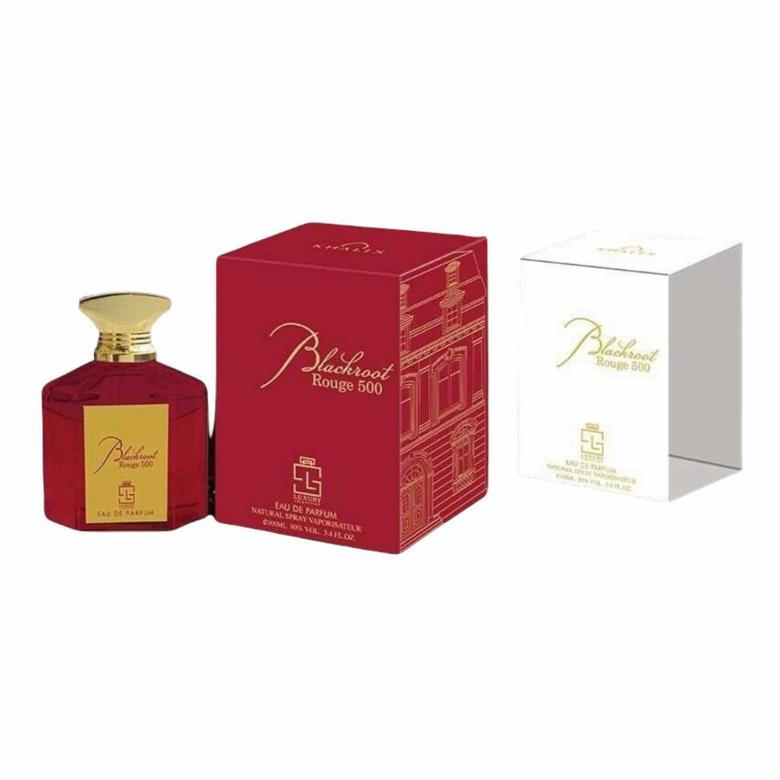 Blackroot Rouge 500 100ml Eau De Parfum by Khalis bottle and box seperated view
